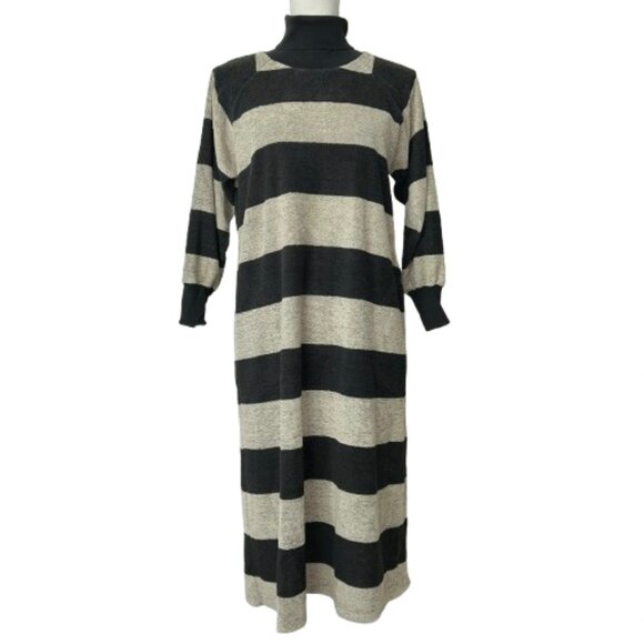 Marimekko Turtleneck Black Gray Minimalist Striped MIdi Length Dress Wide Stripe